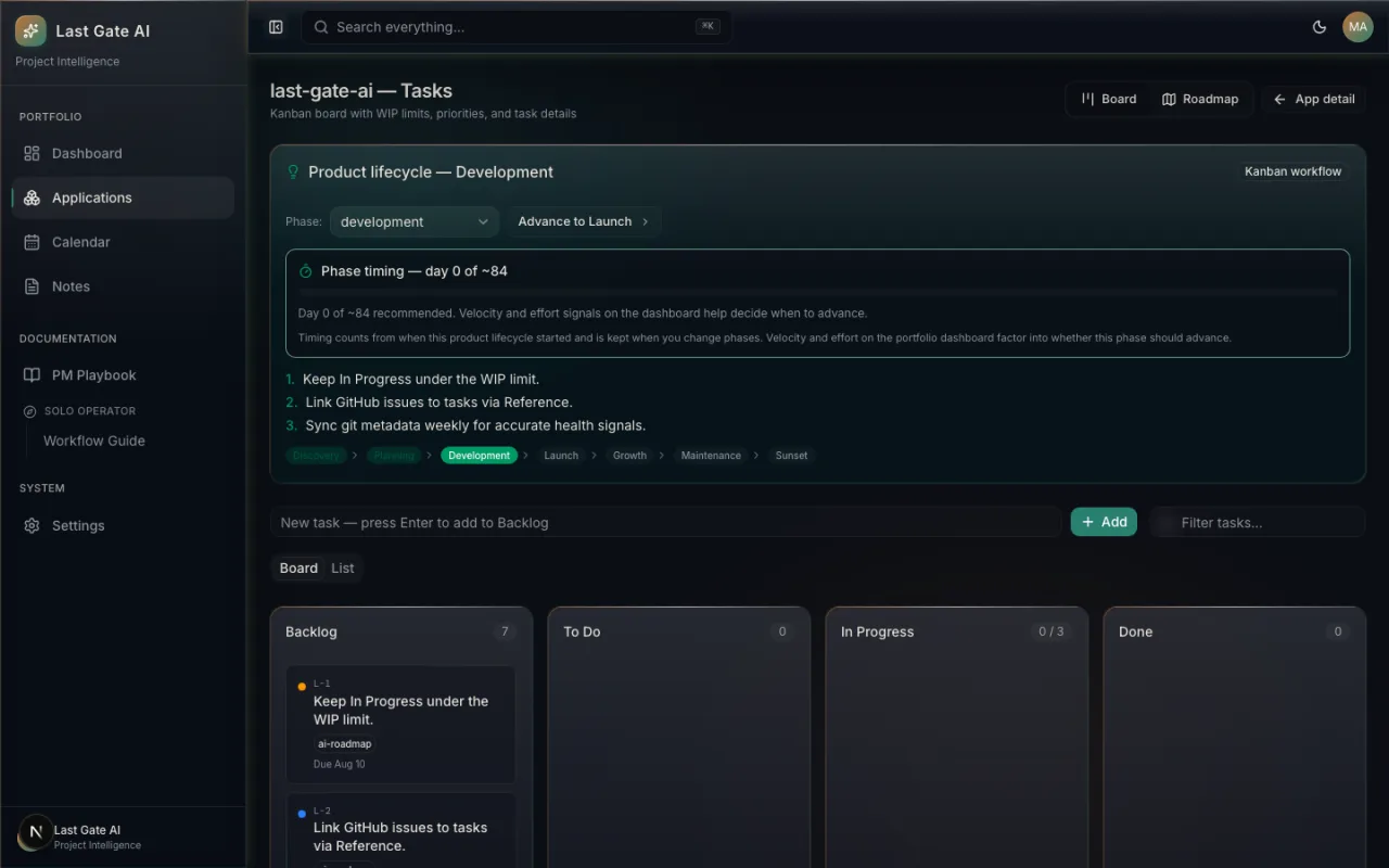 Last Gate AI Kanban board for last-gate-ai with Backlog, To Do, In Progress, and Done columns plus product lifecycle guidance