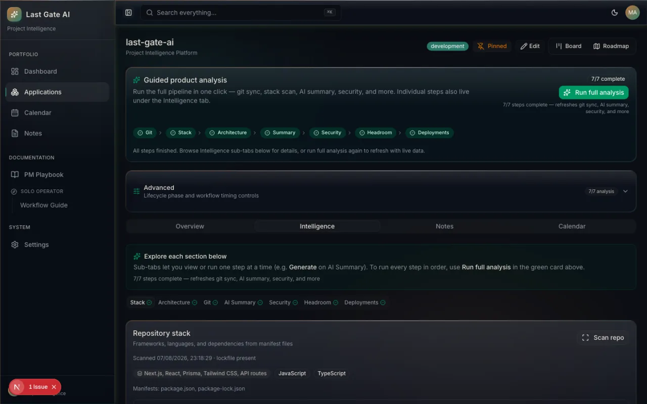 Last Gate AI Intelligence tab showing a completed seven-step analysis and repository stack scan for Next.js, React, Prisma, and TypeScript
