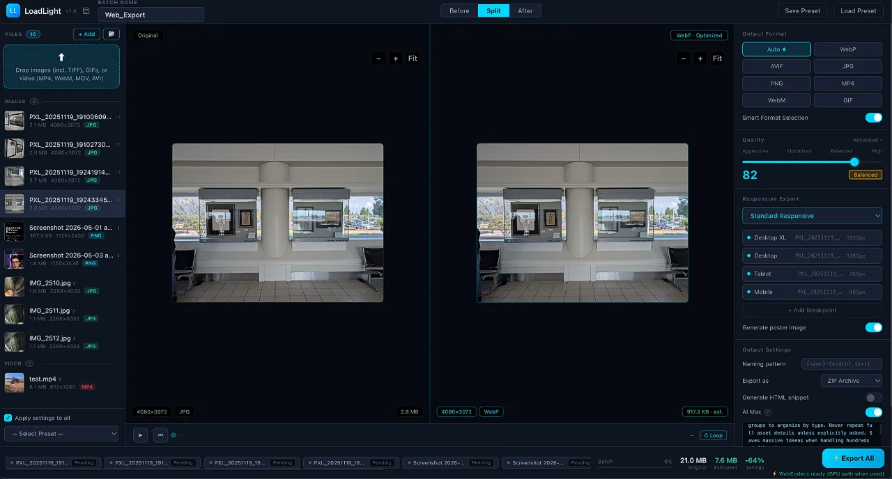 Load Light browser workspace showing imported video and image thumbnails in the media panel with analysis in progress